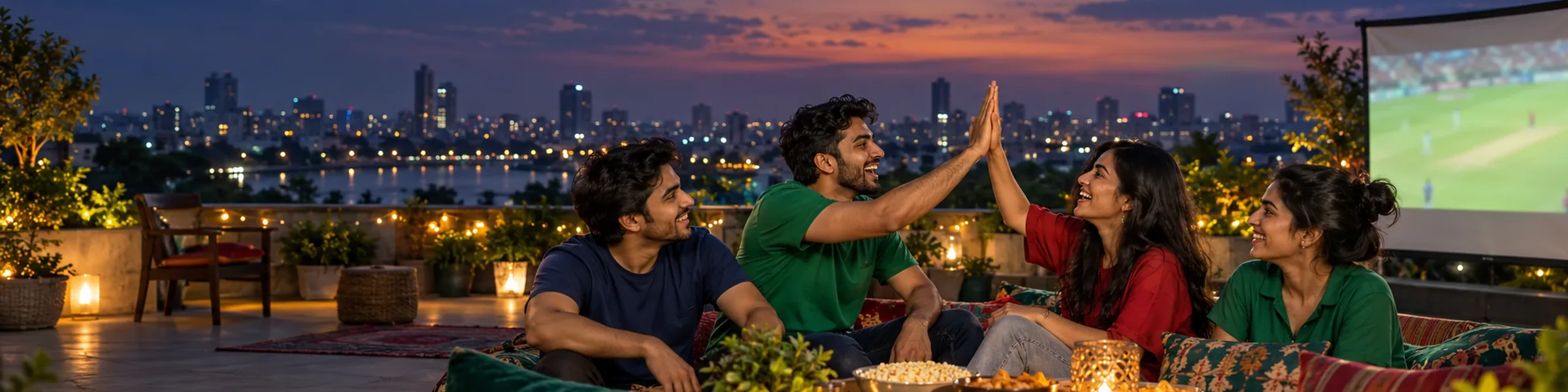 Friends celebrating while watching cricket on a rooftop