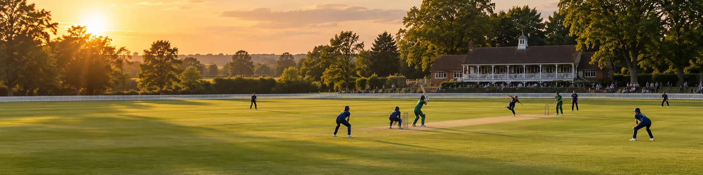 Golden-hour match at an English cricket ground